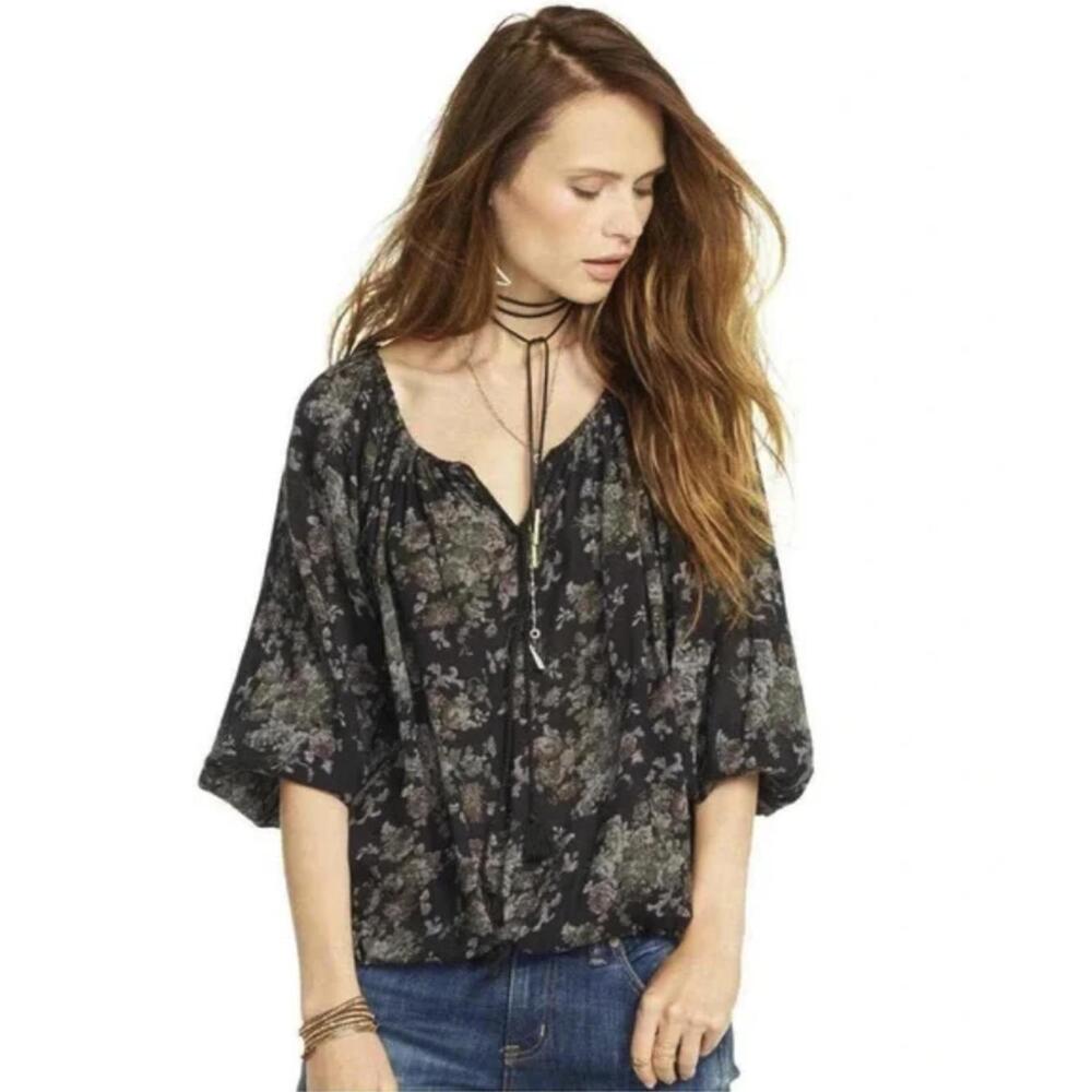 Ralph Lauren Denim & Supply Loose Fit Black Floral Peasant Blouse - Size - Small